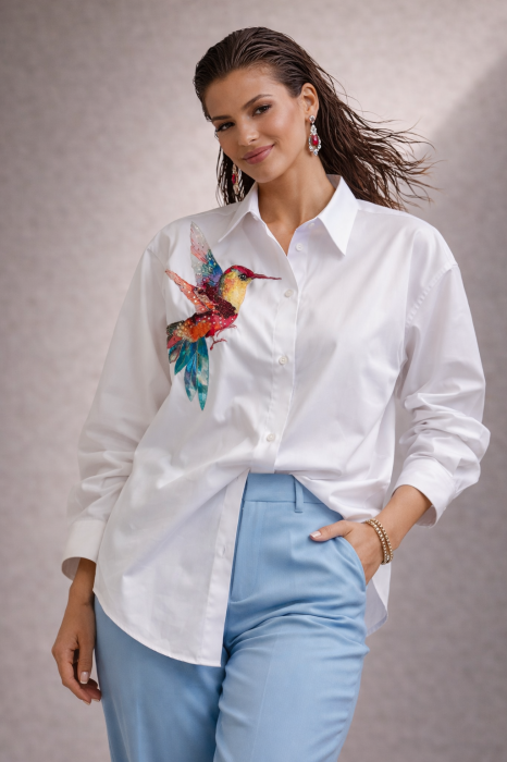 Camasa dama alba cu colibri roz brodat [4]