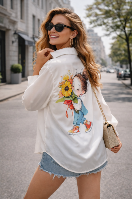 Camasa dama alba cu imprimeu fetita cu buchet de flori [4]