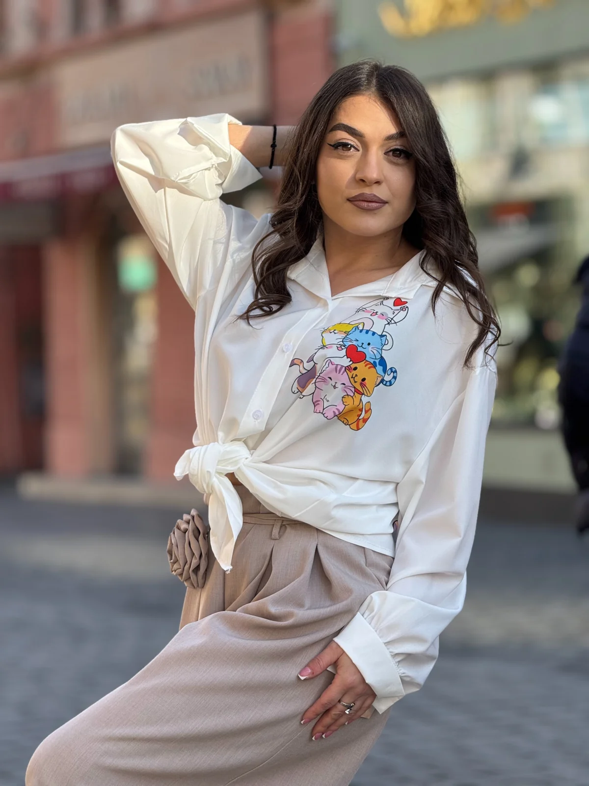 Camasa dama alba cu imprimeu pisicute [3]