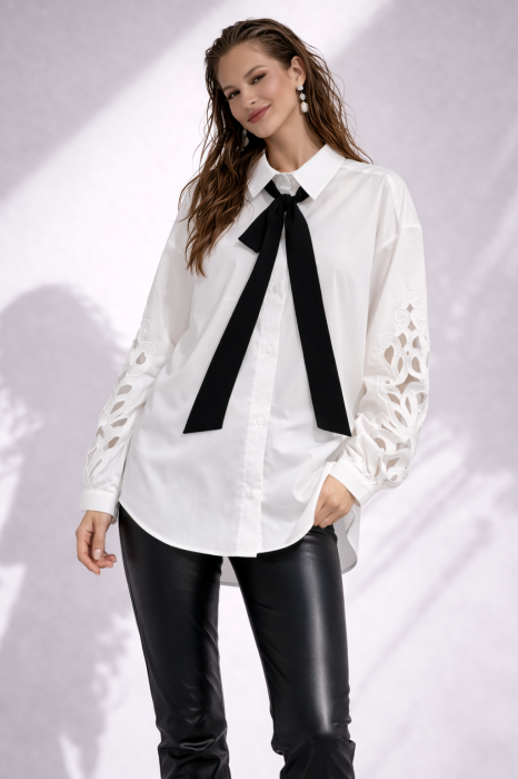 Camasa dama alba cu maneci decupate si fundita detasabila la guler [4]