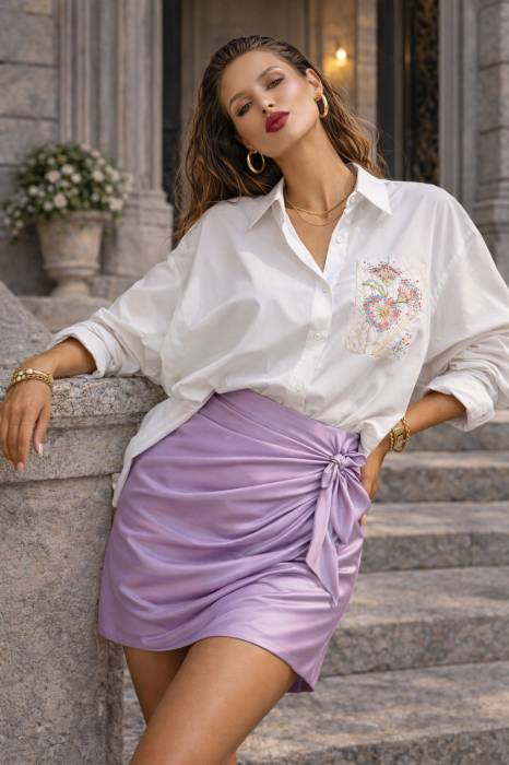 Camasa dama alba din bumbac cu broderie papadie roz [3]