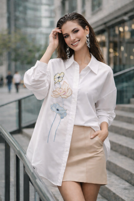 Camasa dama alba din bumbac cu flori minimaliste [4]