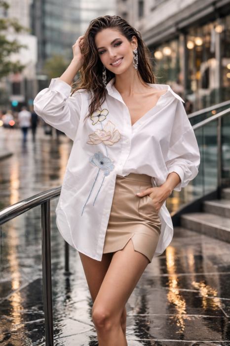 Camasa dama alba din bumbac cu flori minimaliste