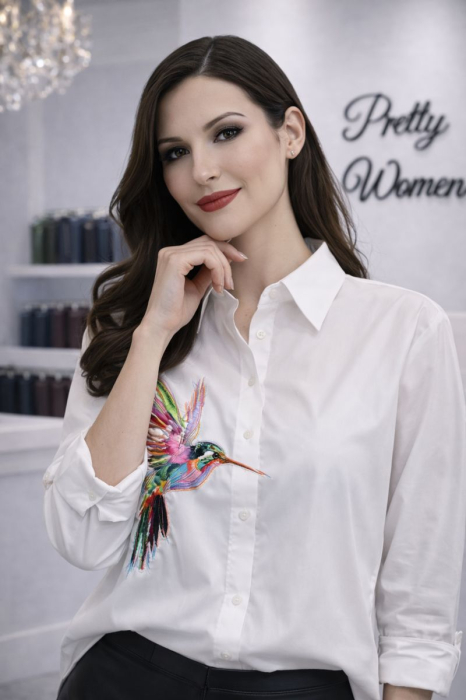 Camasa dama alba din bumbac cu imprimeu colibri multicolor brodat [4]