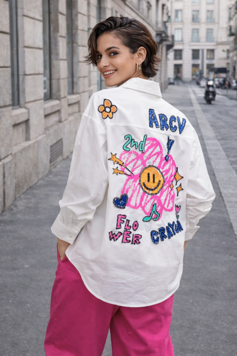 Camasa dama alba din bumbac cu imprimeu grafitti [4]