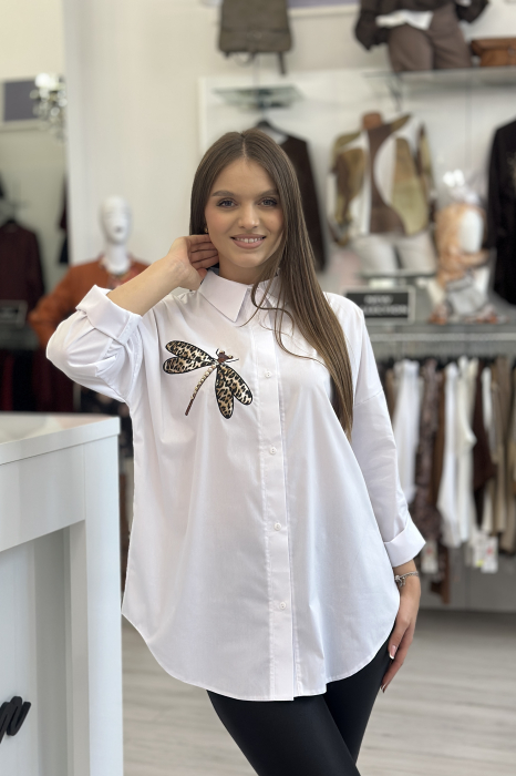 Camasa dama alba din bumbac cu libelula animal print