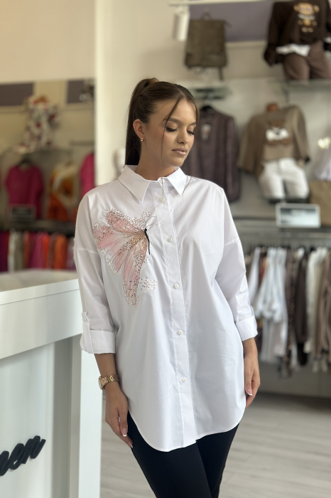 Camasa dama alba din bumbac universala mare cu broderie fluture
