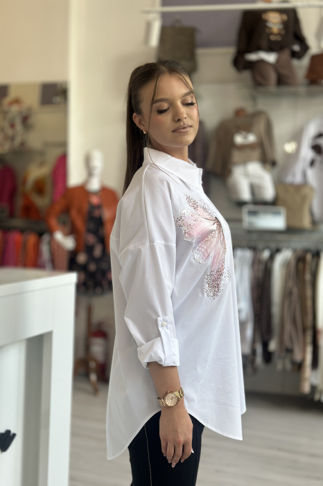 Camasa dama alba din bumbac universala mare cu broderie fluture [3]