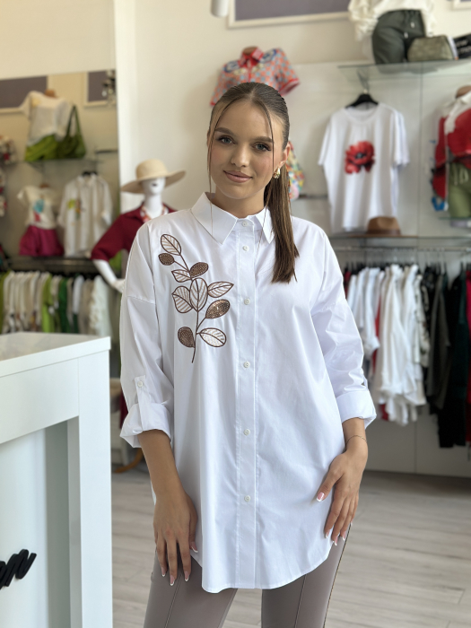Camasa dama alba din bumbac universala mare cu broderie frunze maro