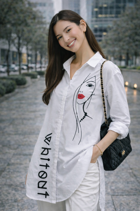 Camasa dama alba tip tunica cu imprimeu minimalist [2]