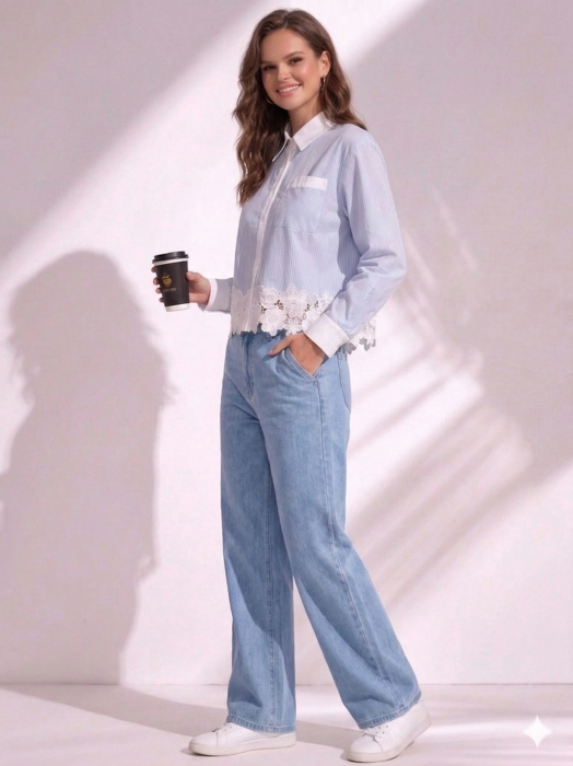 Camasa dama albastra cu dungi albe si broderie florala [2]