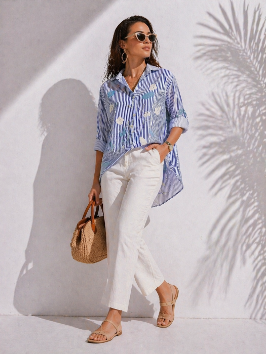 Camasa dama albastra din bumbac cu flori brodate si pietricele [3]