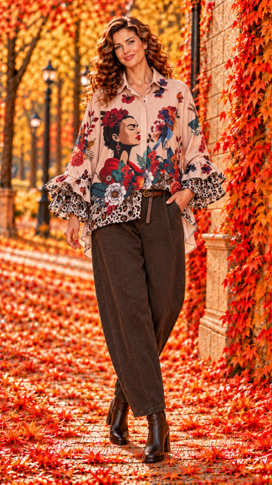 Camasa dama bej cu imprimeu Frida si flori rosii [2]