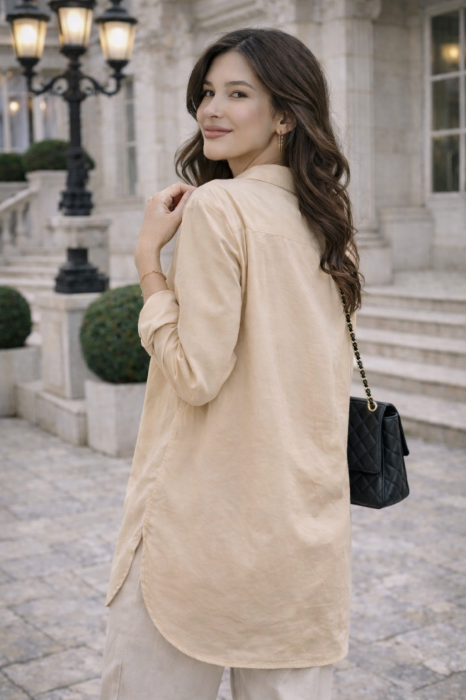 Camasa dama bej tip tunica cu imprimeu minimalist [2]