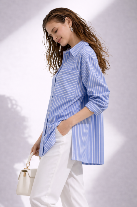 Camasa dama bleo cu dungi si buzunare supradimensionate [4]