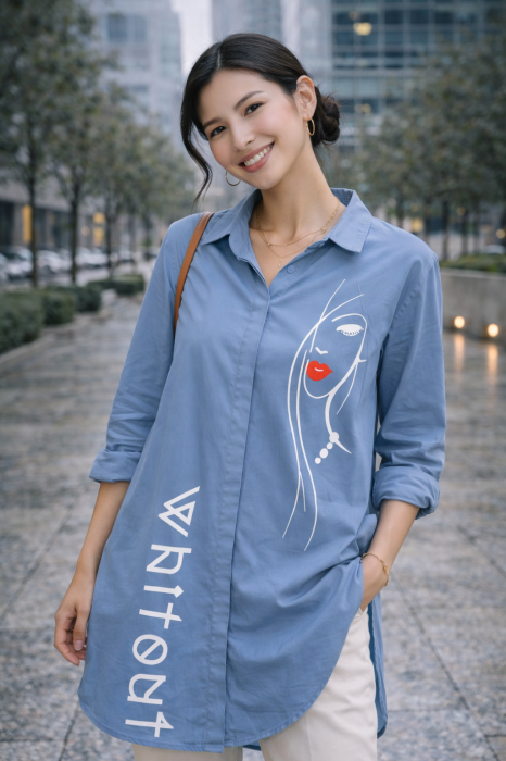 Camasa dama bleu tip tunica cu imprimeu minimalist [4]