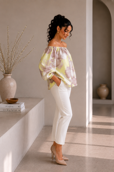 Bluza dama galbena cu imprimeu floral crem si maneci bufante [3]