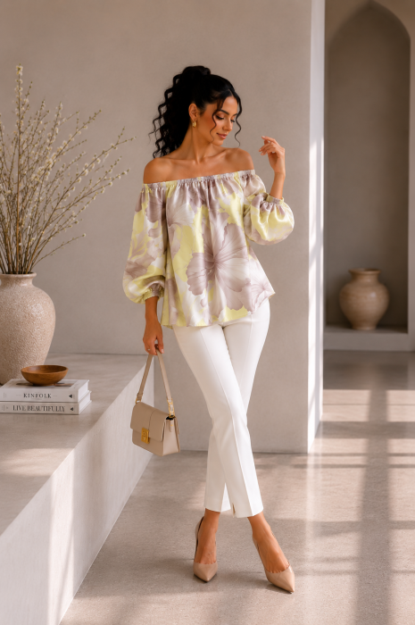 Bluza dama galbena cu imprimeu floral crem si maneci bufante [2]