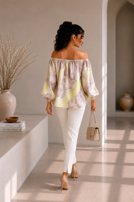 Bluza dama galbena cu imprimeu floral crem si maneci bufante [4]