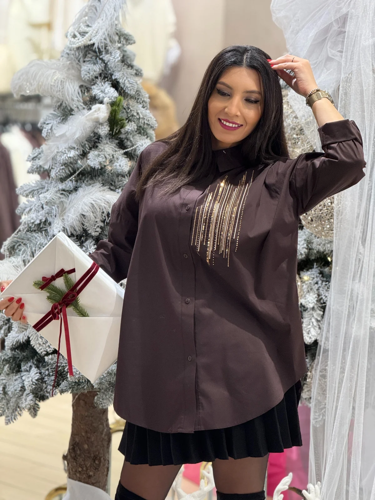 Camasa dama maro din bumbac cu dungi crem [3]