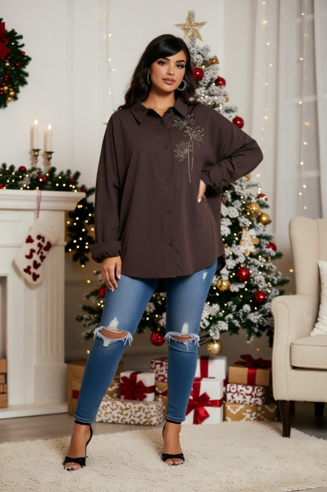 Camasa dama maro din bumbac cu flori brodate [3]