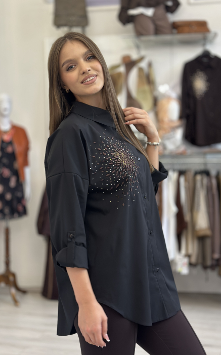 Camasa dama neagra din bumbac cu broderie maro si pietricele [3]