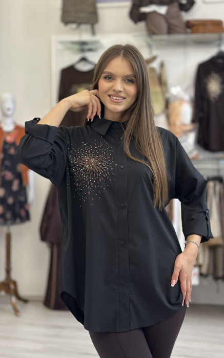 Camasa dama neagra din bumbac cu broderie maro si pietricele