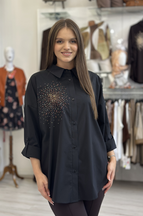 Camasa dama neagra din bumbac cu broderie maro si pietricele [2]