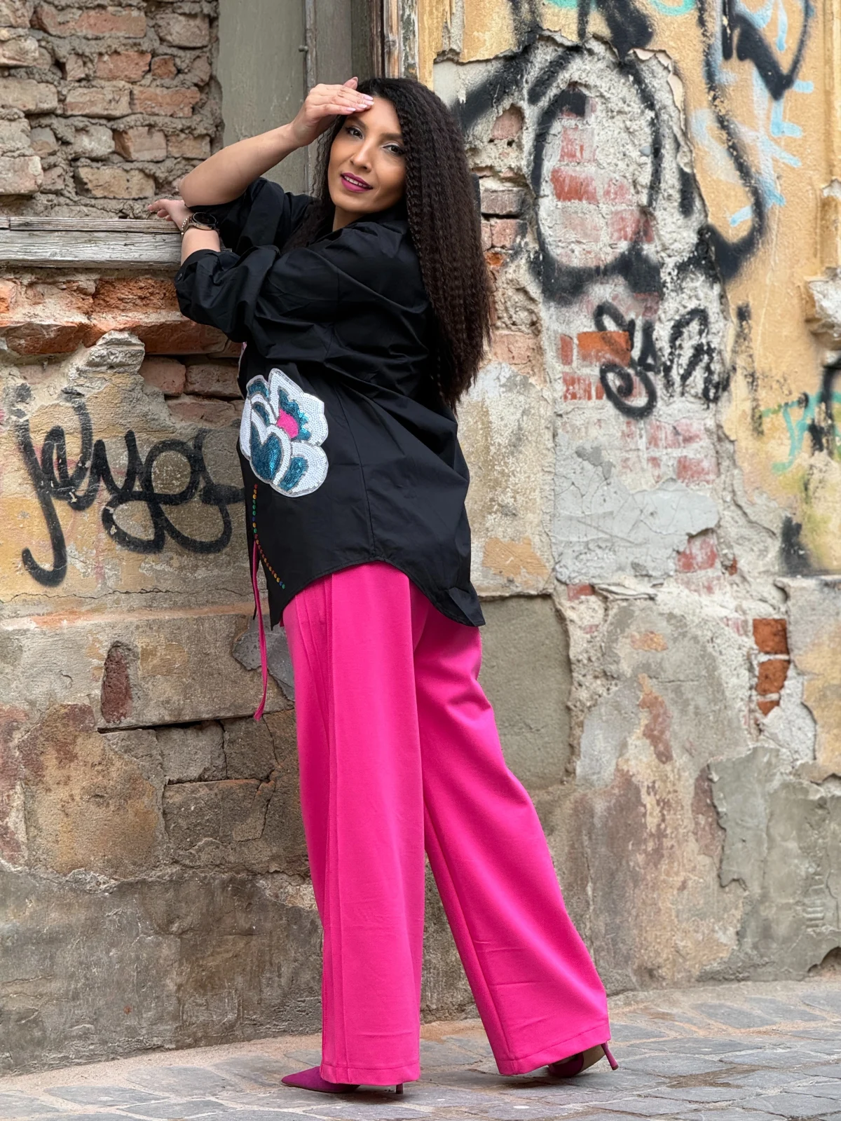 Camasa dama neagra din bumbac cu imprimeu flori din paiete [3]