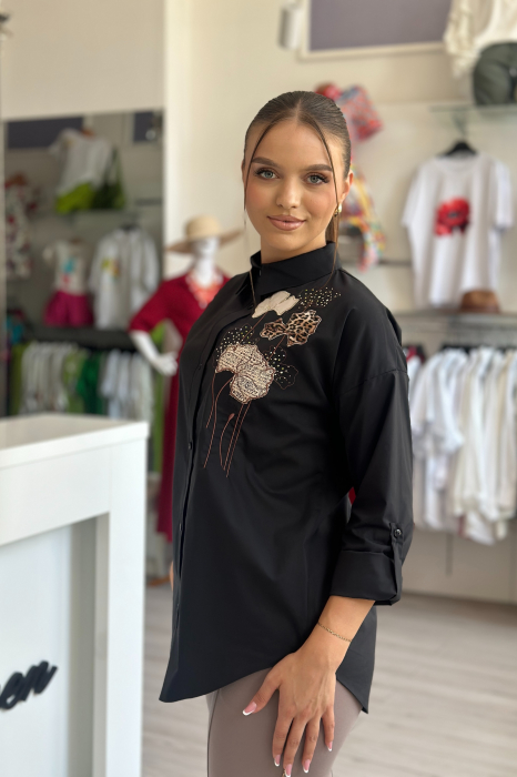 Camasa dama neagra din bumbac universala mica cu broderie flori maro [3]