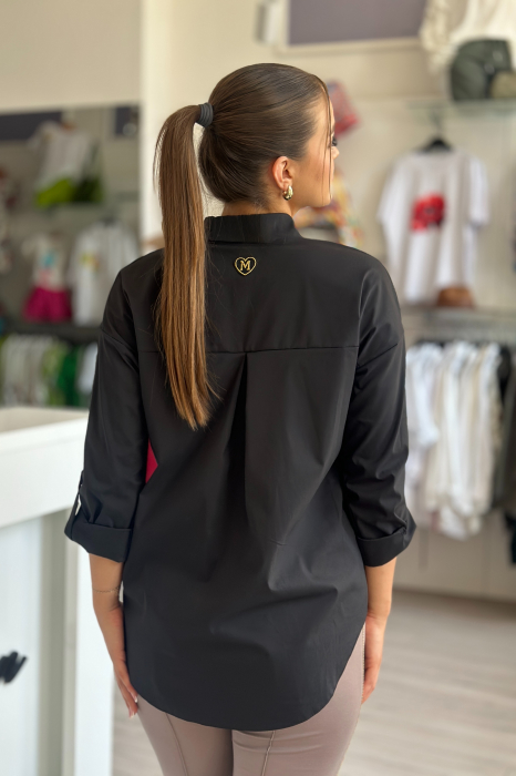 Camasa dama neagra din bumbac universala mica cu broderie flori maro [4]