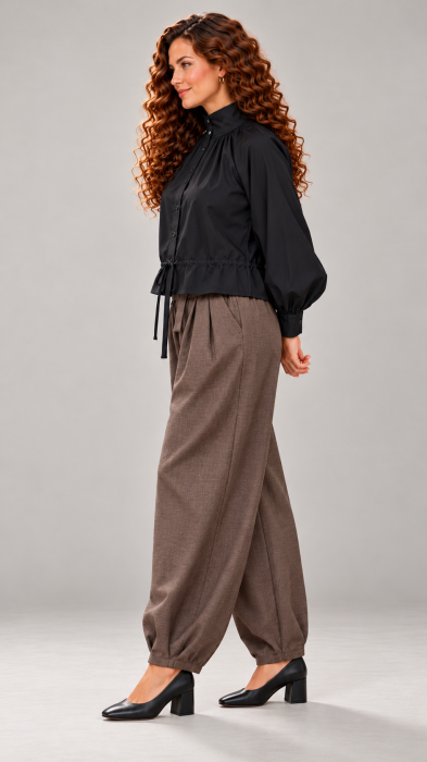 Camasa dama neagra oversize cu guler rusesc si snur in talie [2]