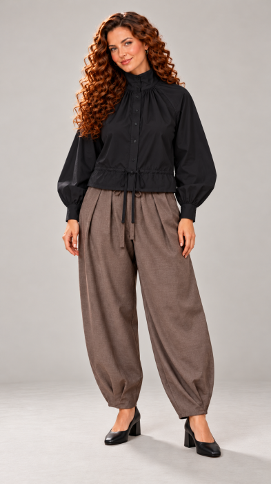 Camasa dama neagra oversize cu guler rusesc si snur in talie [3]