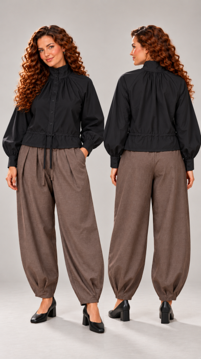 Camasa dama neagra oversize cu guler rusesc si snur in talie [5]
