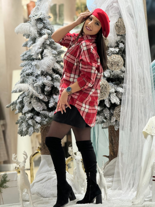 Camasa dama rosie cu carouri din bumbac [3]