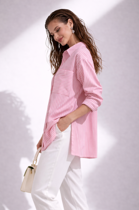 Camasa dama roz cu dungi si buzunare supradimensionate [2]