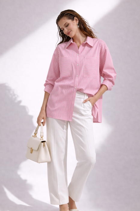 Camasa dama roz cu dungi si buzunare supradimensionate [3]