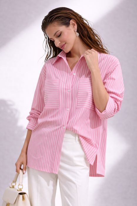 Camasa dama roz cu dungi si buzunare supradimensionate [4]