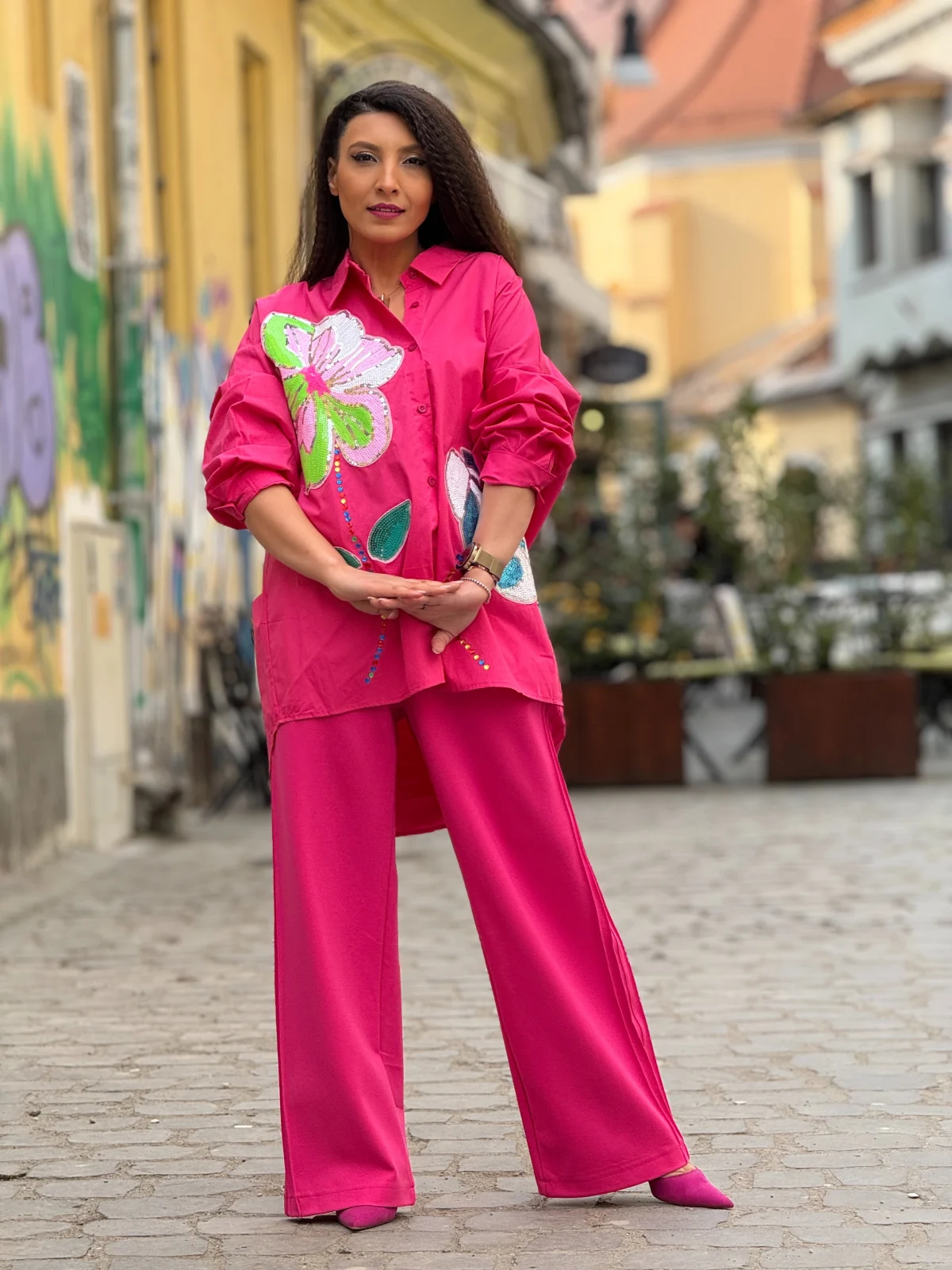 Camasa dama roz din bumbac cu imprimeu flori din paiete [2]