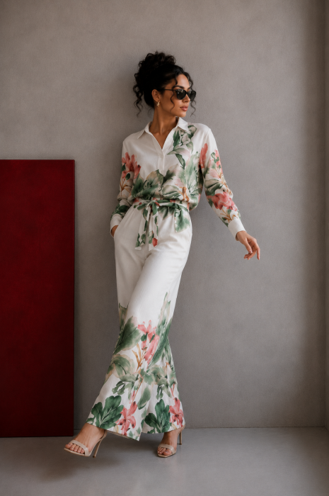 Compleu alb din bumbac cu imprimeu floral in nuante de verde [3]