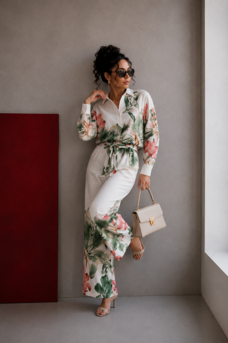 Compleu alb din bumbac cu imprimeu floral in nuante de verde [4]
