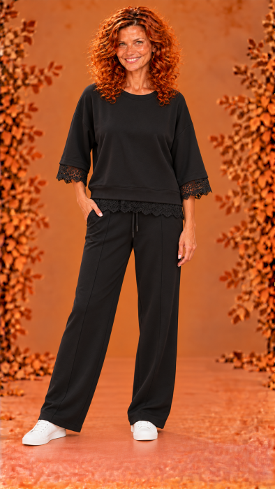 Compleu dama negru cu inserti dantela neagra la bluza [2]