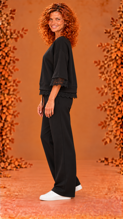Compleu dama negru cu inserti dantela neagra la bluza [3]