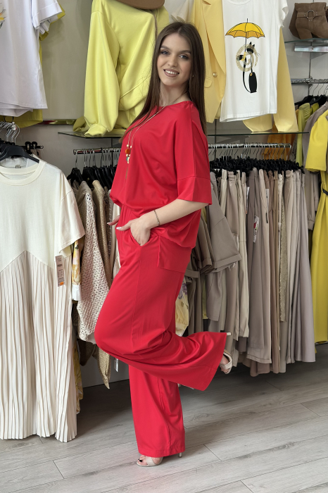 Compleu rosu din vascoza cu pantaloni largi [3]