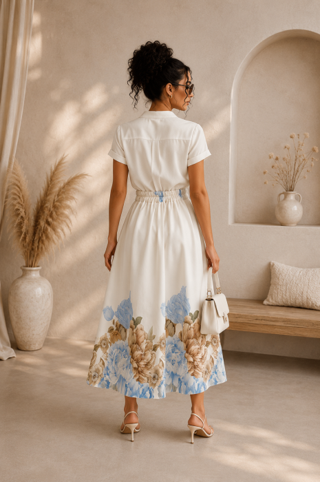 Fusta midi alba cu imprimeu floral bleo [2]