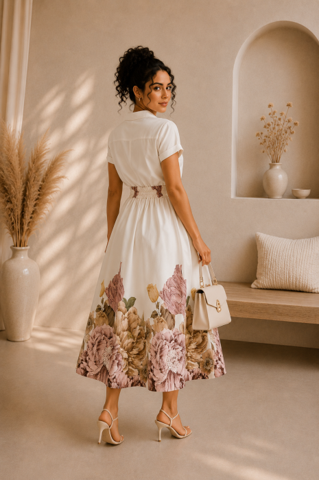 Fusta midi alba cu imprimeu floral maro [4]