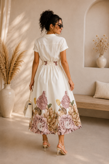 Fusta midi alba cu imprimeu floral maro [2]