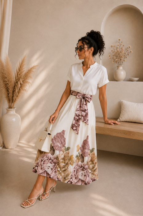 Fusta midi alba cu imprimeu floral maro [3]