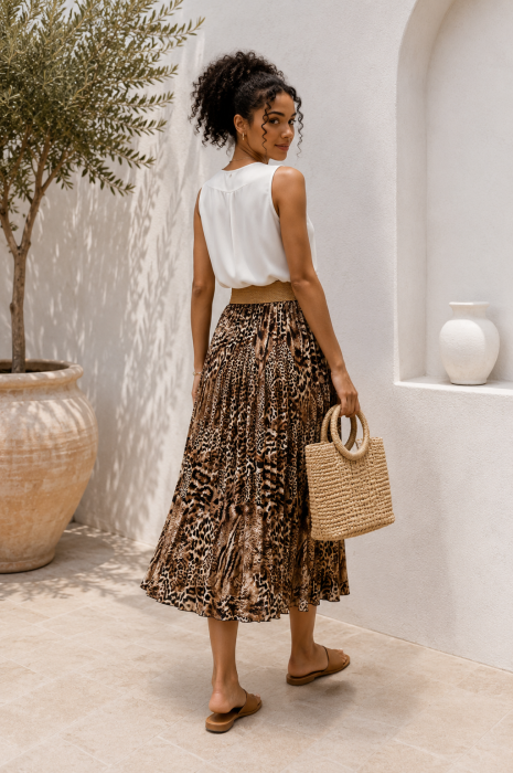 Fusta midi bej plisata cu animal print [2]