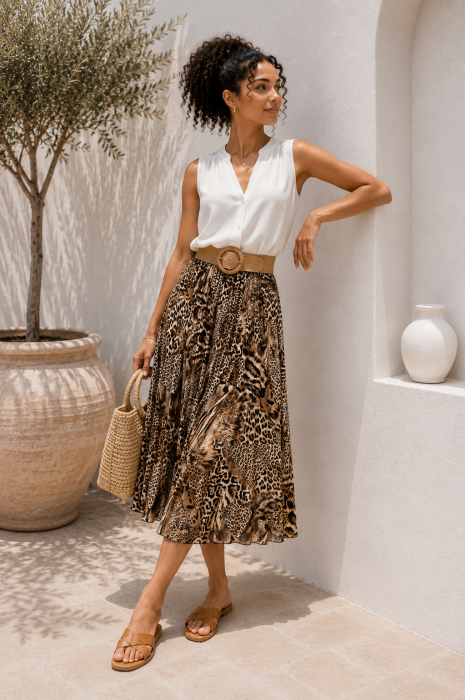 Fusta midi bej plisata cu animal print [3]